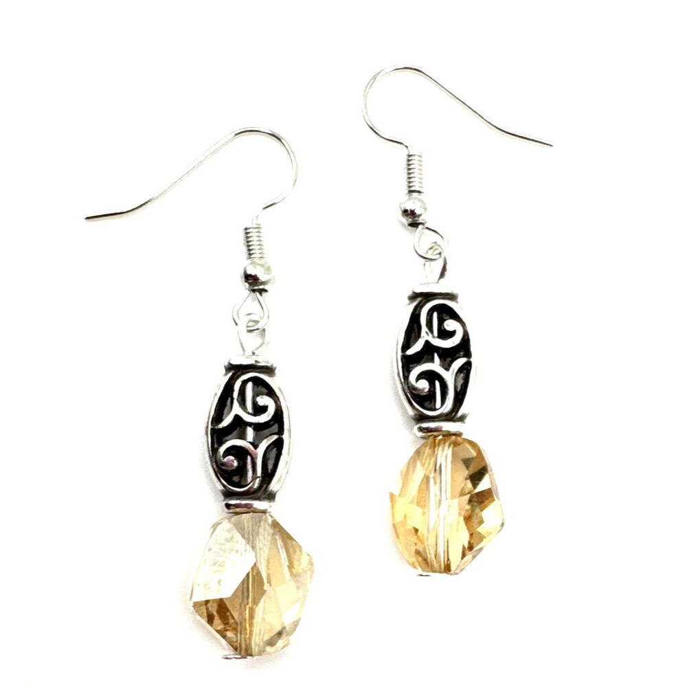 Brighton Riviera Deco Beads Beige Crystal Flourish Custom Silver Earrings
